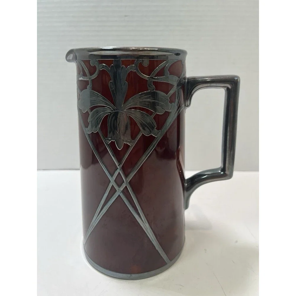 Antique LENOX Silver Overlay Chocolate Pot Pitcher Burgundy Art Nouveau No Lid